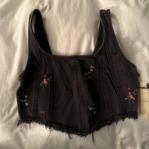 Floral embroidered denim crop tank